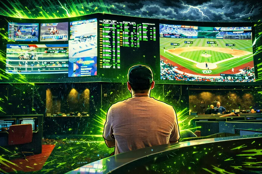 Man in a sportsbook looking at some screens